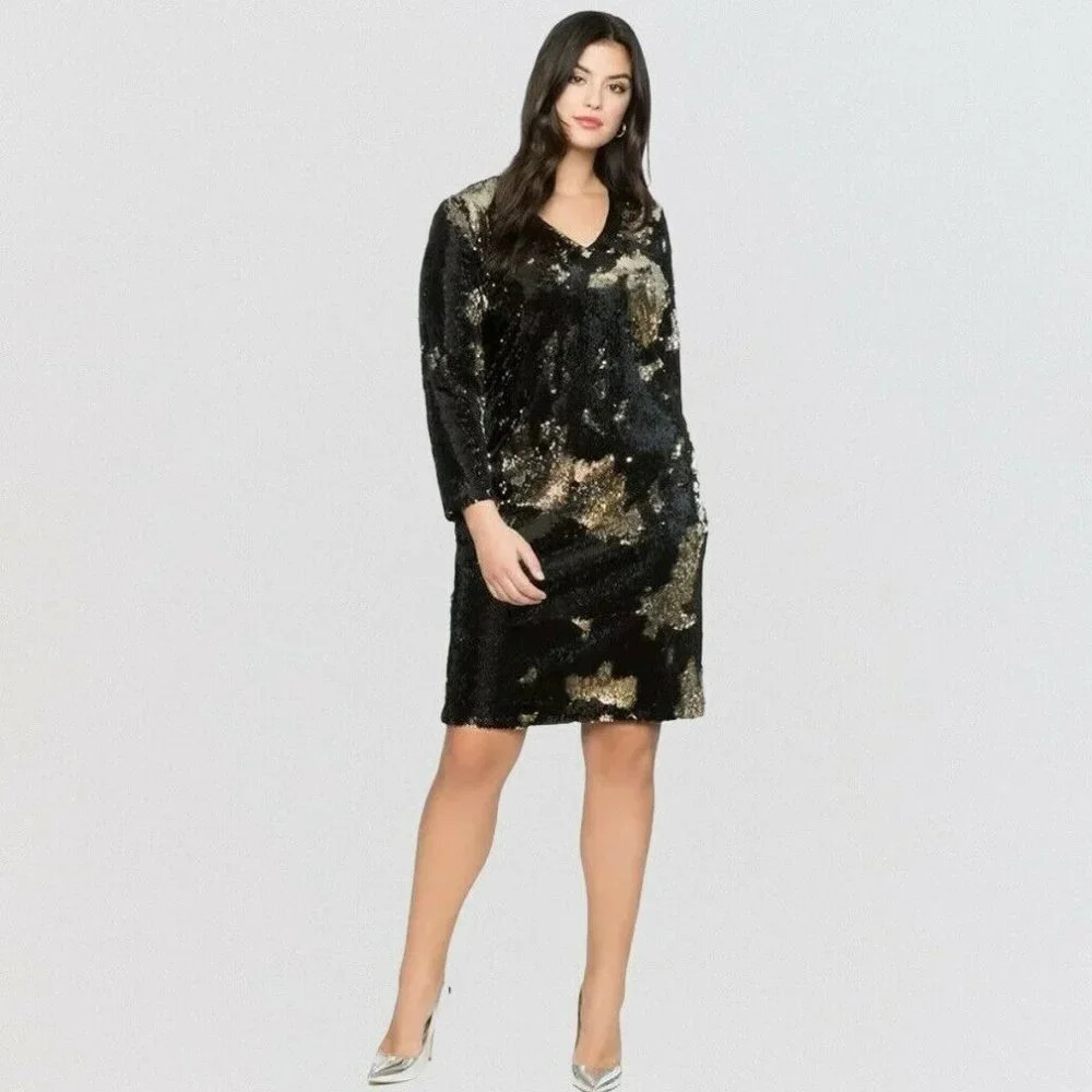 ELOQUII Women’s Plus Size 26 Black/Gold Sequin V-Neck Metallic Midi Sheath Dress
